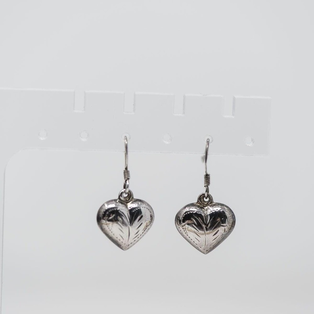 Sterling Silver puff Heart Shaped Drop Earrings Vintage